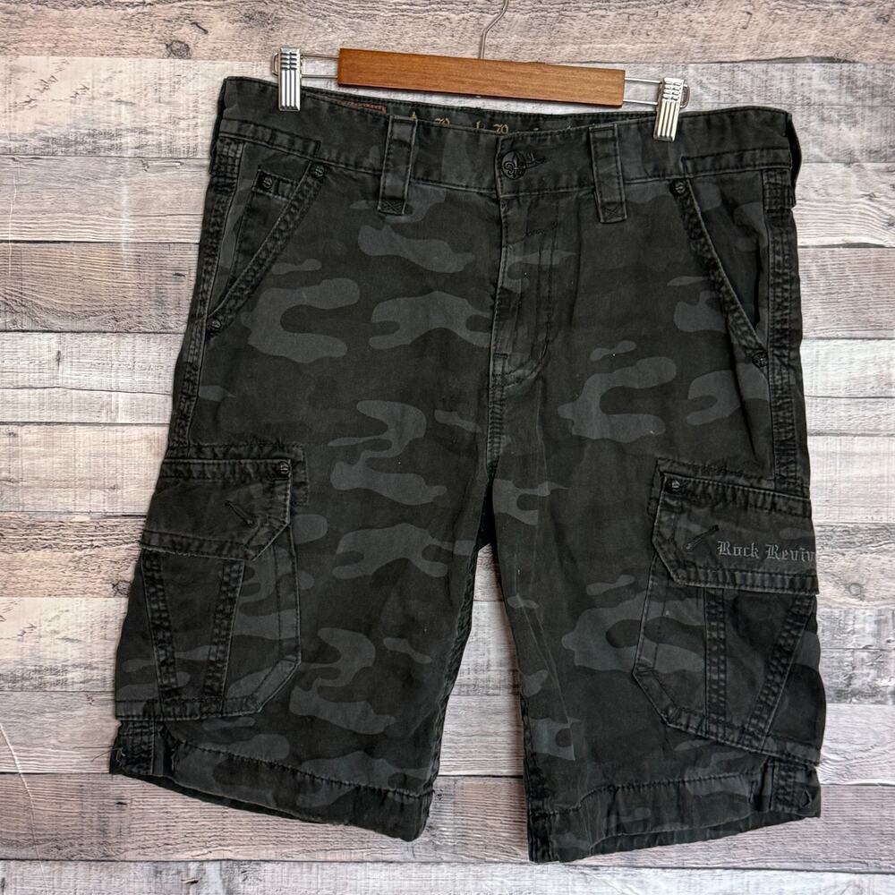 Rock Revival Camo Cargo Shorts Mens 34 Black Y2K Streetwear Embroidered
